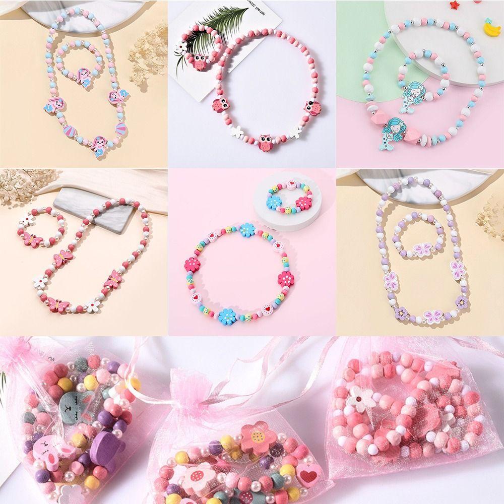 2pcs Cute Cartoon Wood Beads Necklace Animal Shape Children's Necklace Bracelet Jewelry Set