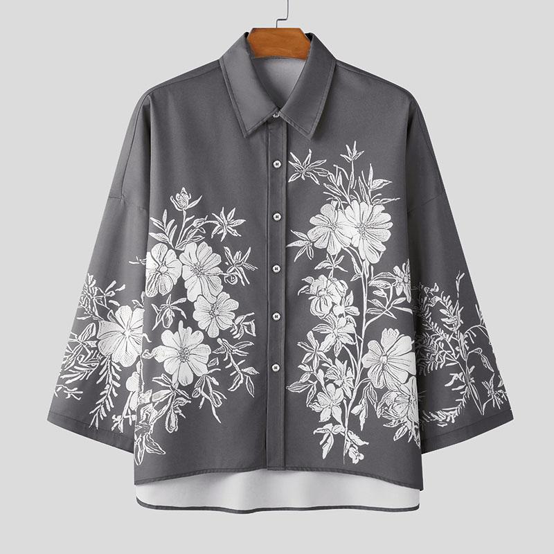INCERUN Oversized Men Turn-down Collar 3/4 Sleeve Buttons Floral Print Casual Shirts