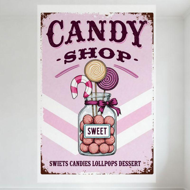 Металлическая табличка в винтажном стиле "Конфетная лавка", светло-розовый фон с шевроном, стеклянная банка с розовыми сладостями, для декора стены дома, бара, клуба, Ca