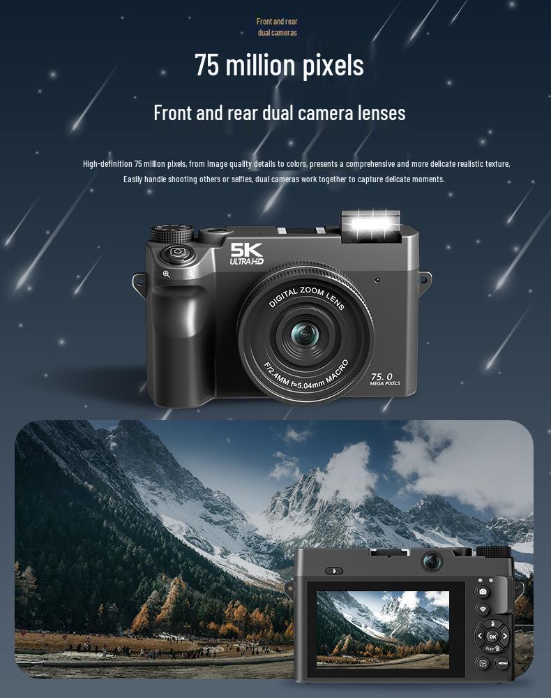 5K HD Mirrorless Digital Camera with Flip Screen, 18x Zoom, WiFi, Selfie, and Beauty Mode.