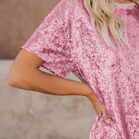 Женское летнее миди-платье с пайетками, повседневное платье-футболка с коротким рукавом и круглым вырезом