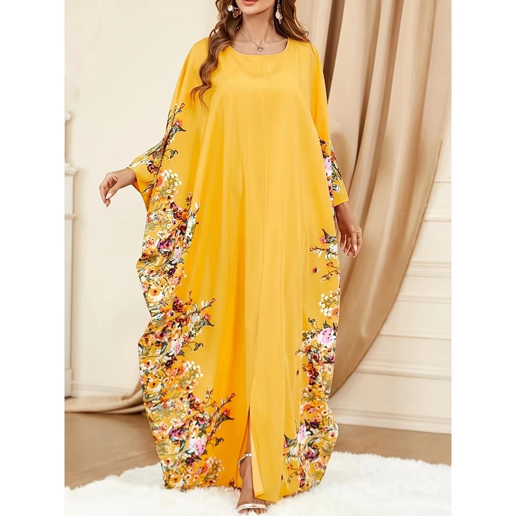Ramadan Floral Print Crew Neck Kaftan, Elegant Batwing Sleeve Split Maxi Dress, Women's Clothing