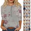 Women's Fashion Casual 3/4 Sleeve Floral Button Printed Round Neck Pullover Top Casual Clothing