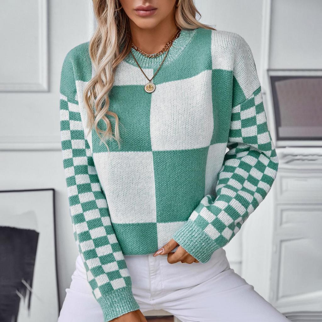 Autumn Winter Vintage Loose Long Sleeve Top Grid Pattern Cardigan Knitwear O-Neck Sweater