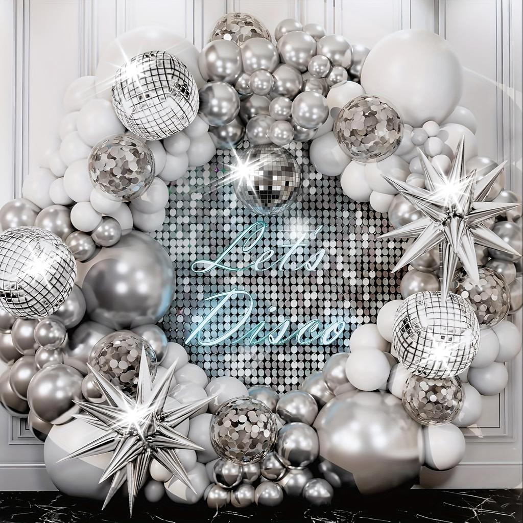 Набор из 134 серебристо-белых шаров Взрывающаяся звезда Диско Алюминиевая фольга Арка Для вечеринки по случаю дня рождения Вечеринки Свадебное украшение