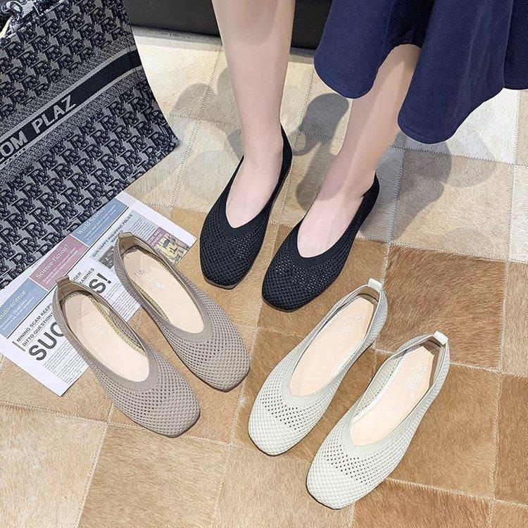 Fashion 2024Spring Summer Ballet Flats Women Casual Knit Fabric Stretchy Square Toe Flat Heel Boat Shoes