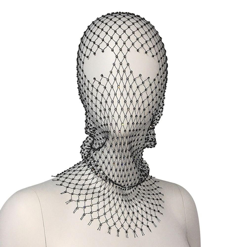 Balaclava Women Fishnet Headhood Cap Shining Diamond Headwrap Rhinestone Headcover Masked Head Mask