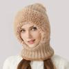 3 In 1 Women Knitted Scarf Hat Plush Ball Decor Windproof Warm Snow Cap Solid Color Fleece Lining Outdoor Activity Hat