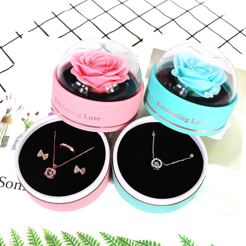 Valentine's Day Circular Jewelry Box Romantic Plastic Birthday Party Rose Decorative Eternal Flower Unique Gift Accessories