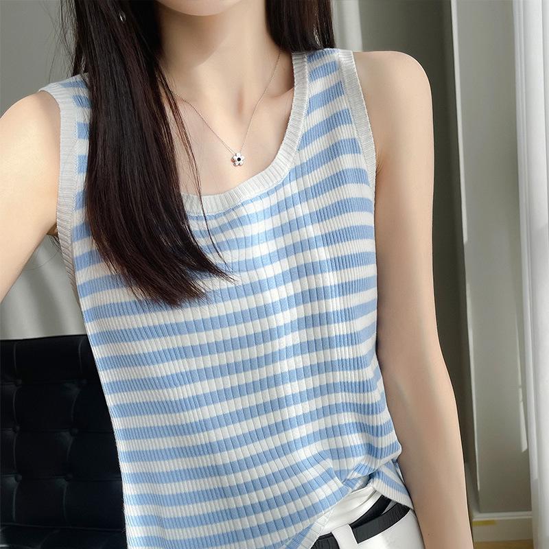 Женская летняя безрукавка из шелкового трикотажа Ice Silk Kint Camisole - Полосатый жилет с круглым вырезом