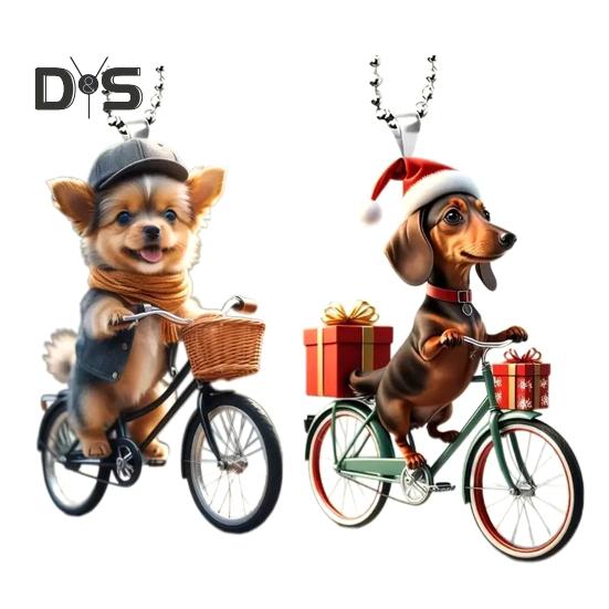 Украшения для рождественской елки, реалистичный щенок, едущий на велосипеде, подвеска, 2D, плоская, с двойной печатью, акриловое подвесное украшение для елки, домашний декор
