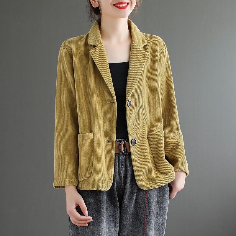 Women Corduroy Jacket Vintage Casual Coat Long Sleeve Loose Single Breasted Blazers Autumn Slim Outwears Female