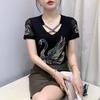 Summer Chic Women Clothes T-shirt Sexy Hollow Out Cartoon Swan Hot Diamonds Tops High Quality Female Luxury Slim Stretch Tees