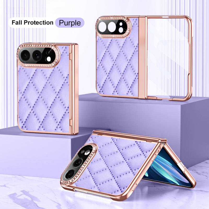 For iPhone Duo Case Bling Diamond Electroplated Leather Texture Full Cover with Screen Protector