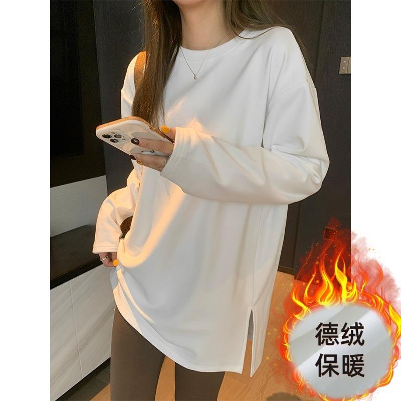 Белая рубашка с разрезами по бокам, свободного кроя, женская, весна, осень и зима, внутренник из немецкого вельвета, с длинными рукавами, простая базовая рубашка для ношения под низ