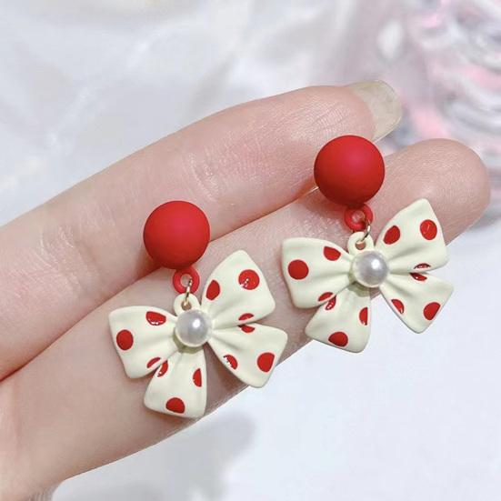 1 Pair Cute Elegant Women Earrings Faux Pearl Bow Knot Drop