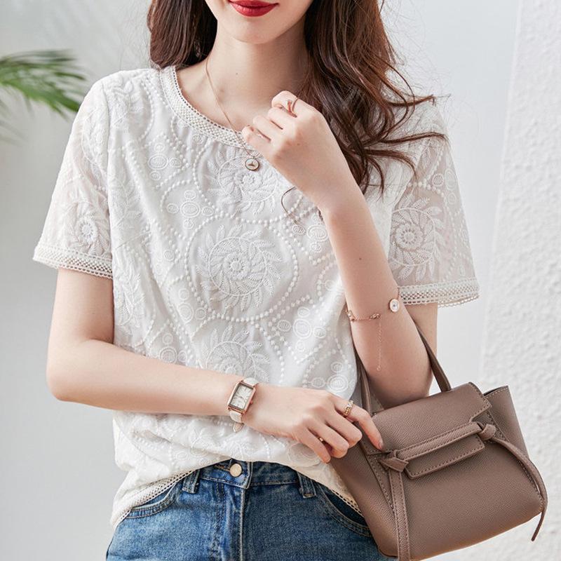 Женский летний топ 2024 года из шифона и кружева с вышивкой, короткий рукав, белый