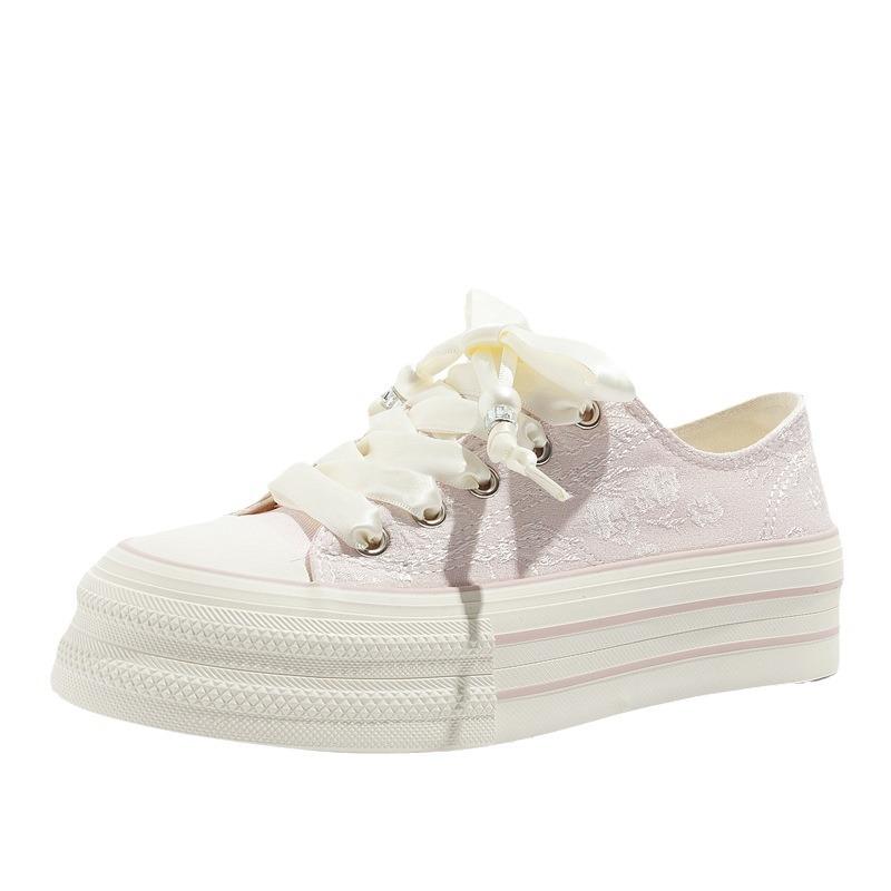 Женские 2025 Новые Корейские Бандажные Резиновые Толстая Подошва Холщовые Туфли Низкий Верх На Шнуровке Повседневные Универсальные Кроссовки на Платформе