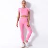 Женский комплект для фитнеса, йоги, бесшовный однотонный укороченный топ с короткими рукавами, леггинсы с высокой талией, спортивная одежда, женский комплект из 2 предметов, одежда для спортзала