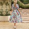 Women Summer Floral Dresses Fashion High Waist Wrapped V Neck Short Sleeve