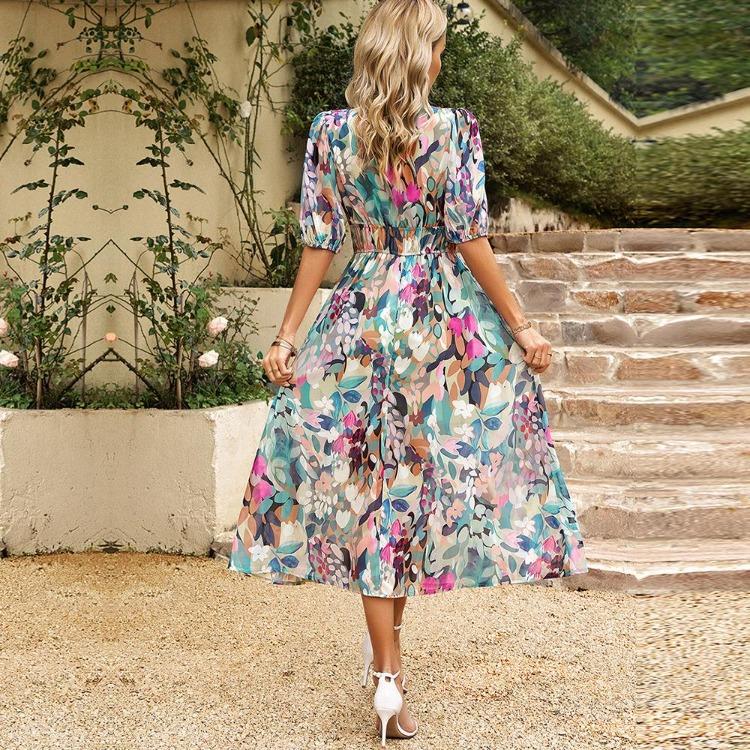 Women Summer Floral Dresses Fashion High Waist Wrapped V Neck Short Sleeve