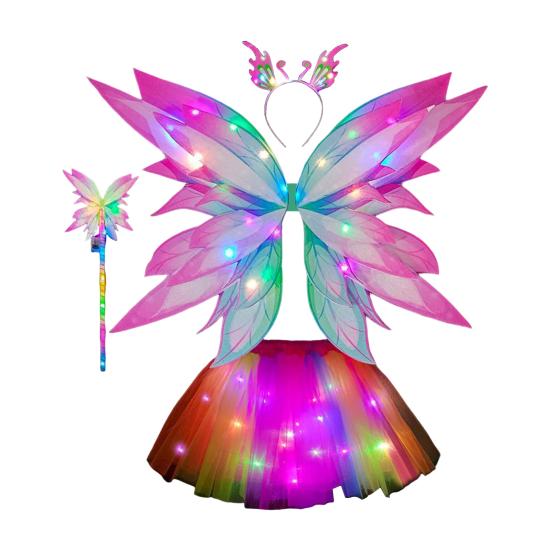 Костюм феи со светодиодными крыльями бабочки для девочек, светящаяся юбка из тюля, повязка на голову, подарок на вечеринку в стиле косплея, рождественский наряд