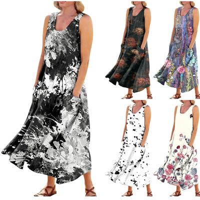 Женское модное повседневное однотонное хлопковое льняное платье без рукавов с карманами