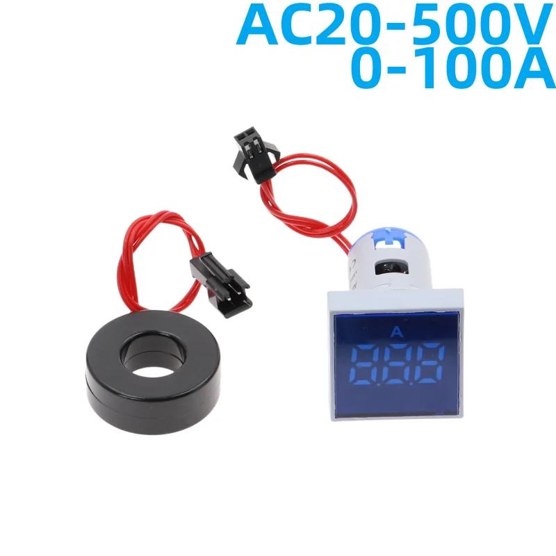22MM 0-100A Digital Ammeter Current Meter/Voltage Meters Indicator Led Lamp Square Signal Light AC20-500V