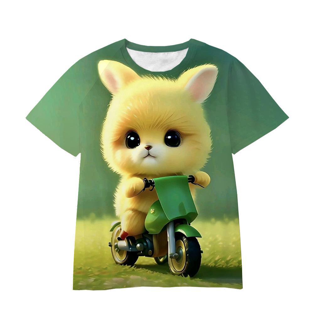 Summer Round Neck 3D Cartoon Furry Animal Print Top Fashionable Casual Short Sleeved Children's Boy and Girl Universal T-shirts