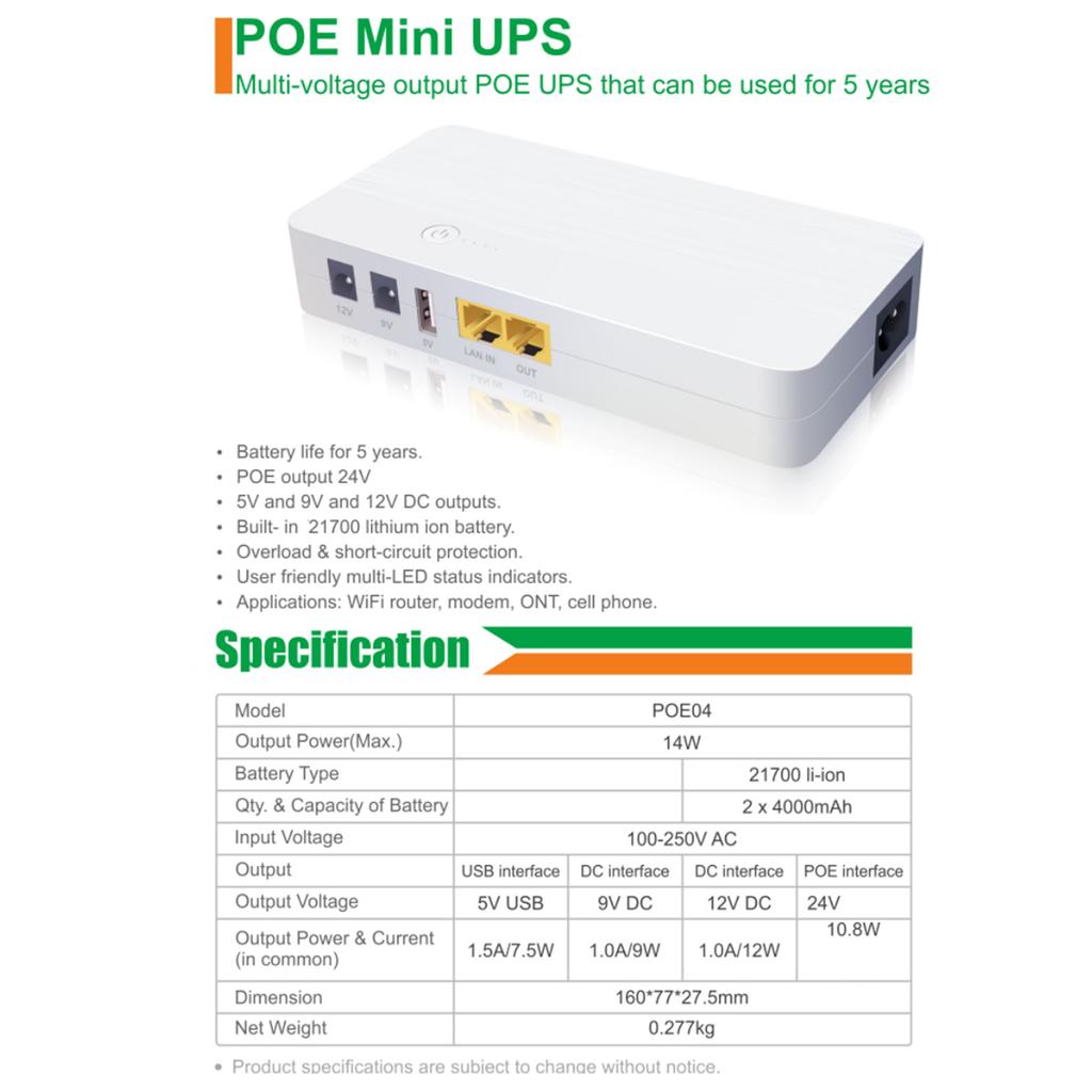Источник бесперебойного питания ИБП USB5V DC9/12V POE24V для маршрутизаторов камер Резервная батарея для хранения энергии