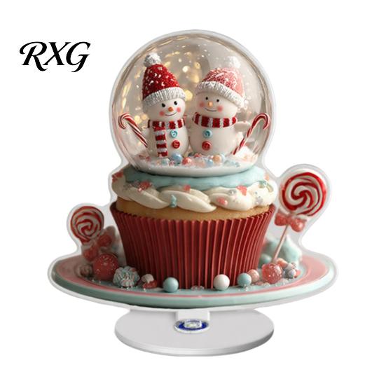 Double Sided Acrylic Decor Rotating Desktop Ornament, 2D Flat Christmas Santa Snowman Cupcake Plaque with Gift for Home Base Winter Bookshelf, Mantel,