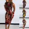 Women's Fashion Printed Sleeveless Slim Fit Pullover Round Neck Mid-Length Dress