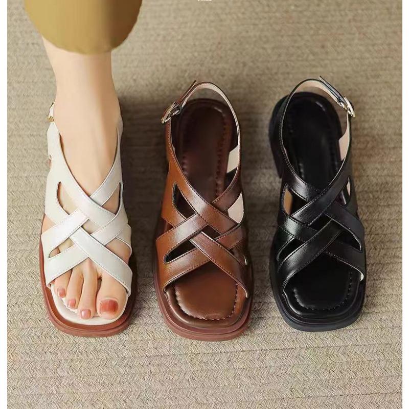 Summer Flat Bottom Large Size Ladies Sandals Women's Ankle Mid Heel Block Party Open Toe Square Shoes Mother Shoes