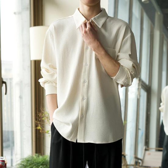 Мужская вафельная рубашка на пуговицах с длинным рукавом, повседневная свободная футболка с нагрудным карманом, мужская осенняя деловая рубашка