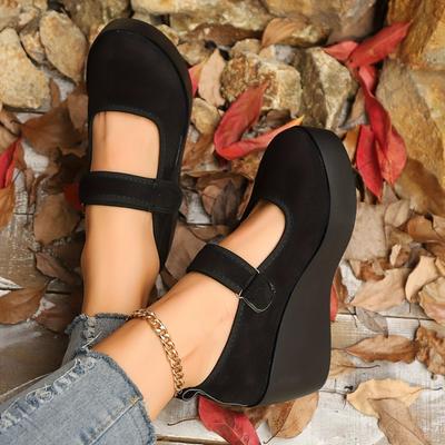 Женские повседневные туфли-слипоны на платформе и танкетке с регулируемыми ремешками на щиколотке - Верх из дышащей ткани, толстая амортизирующая подошва и подошва с полиуретановым покрытием