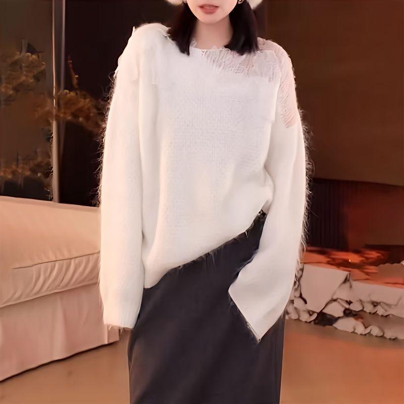 French Lace Hollow Flower Sweater for Women In Autumn and Winter Lazy Loose Knit Top Design for Women's Clothing