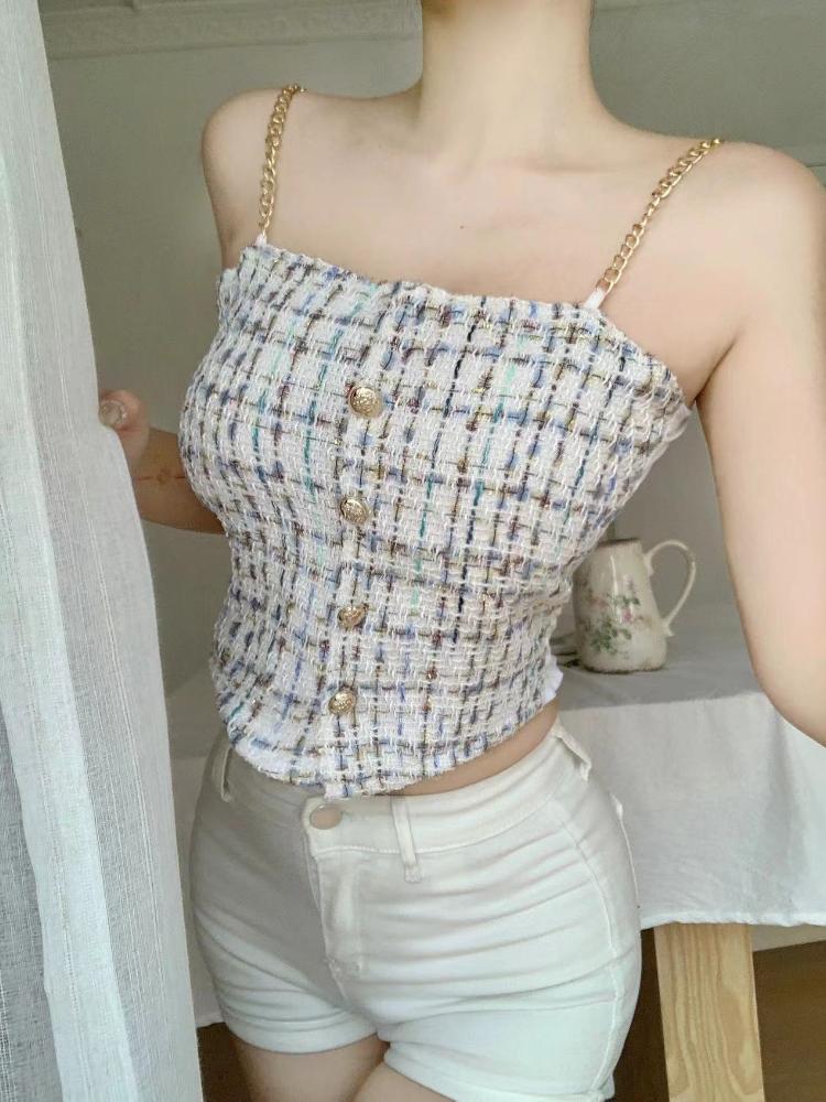 Plaid Tank Top Solid Metal Chain Halter Crop Tops Women Summer Camis Backless Camisole Fashion Casual Tube Female Sleeveless Cropped Vest Y2K