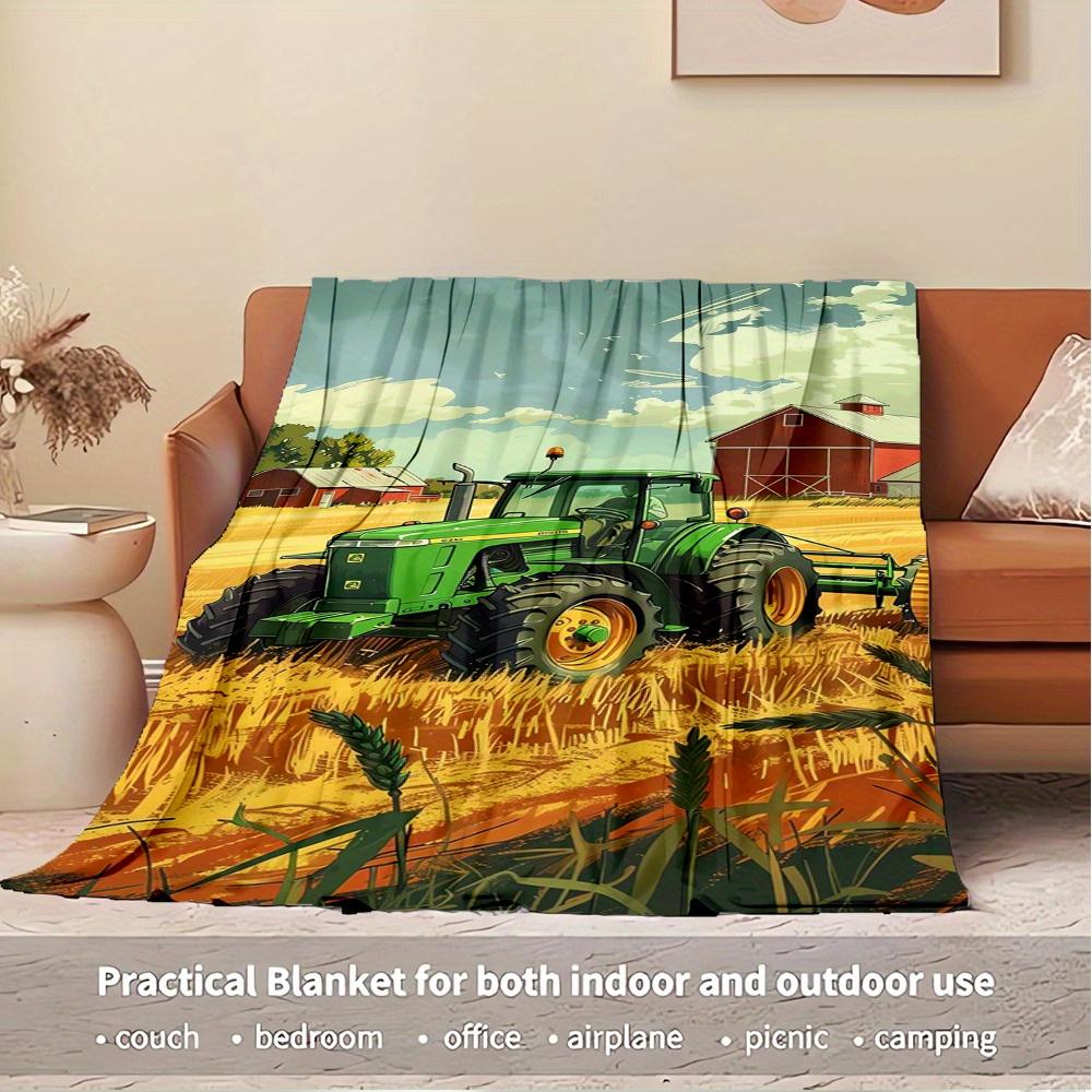 For Tractor,Farm,Harvest-Themed Flannel Blanket, Glam Style, Digital Print, All-Season Comfort, Tear-Resistant, Knitted Craftsmanship, Polye