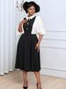 Elegant Dresses Plus Size Lantern Sleeve High Waist Causal A Line Patchwork Turn-Down Collar Dress for Women