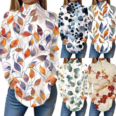 Женская модная повседневная футболка с длинным рукавом с высоким воротом и принтом, пуловер, топ