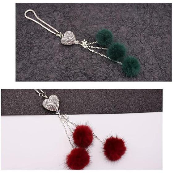 Bling Heart Rhinestones Diamond Car Accessories, Cute Love Heart Plush Ball Car Mirror Hanging Accessories Lucky Rearview Mirror Charms Decorations