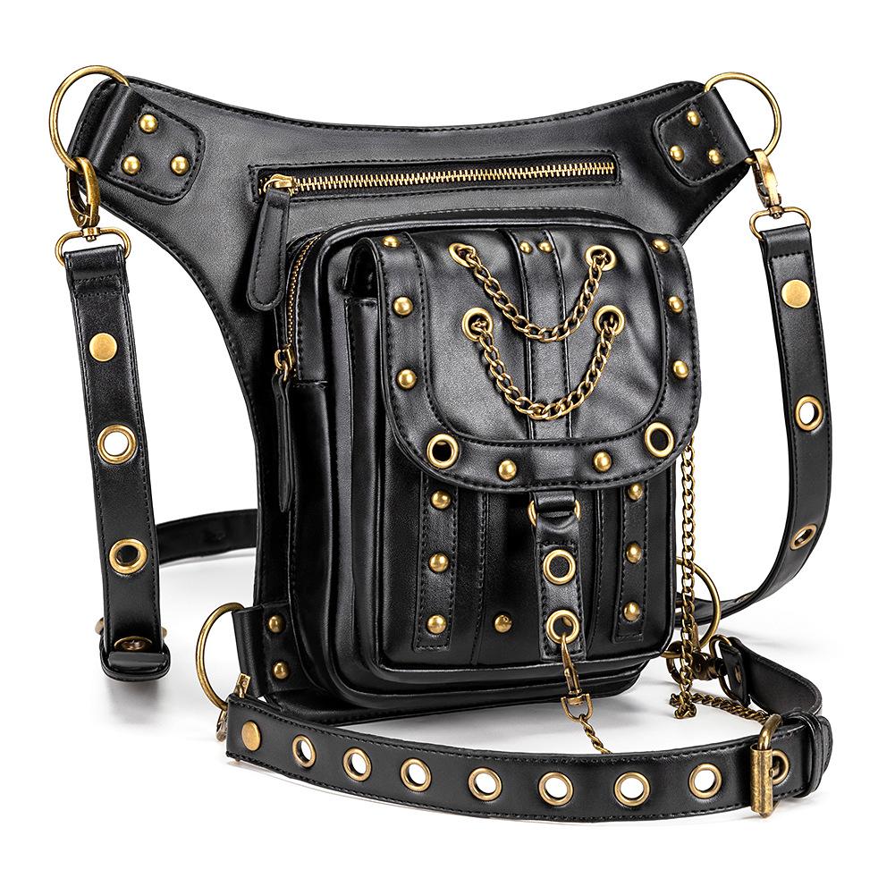 Johnature Punk Rivet Women Waist Pack Outdoor Chain Moto & Biker Belt Bag Pu Leather Multifunctional Shoulder Bags