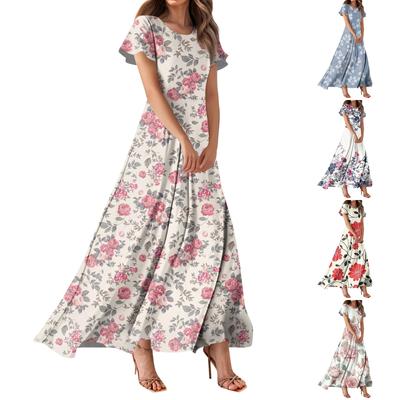 Женское повседневное платье с гавайским принтом, круглым вырезом, короткими рукавами и высокой талией