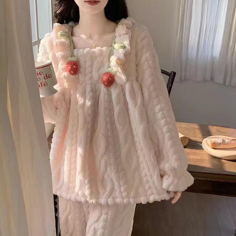 Женский зимний фланелевый пижамный комплект - Милый флис, Теплый, Дизайн с цветочным кружевом