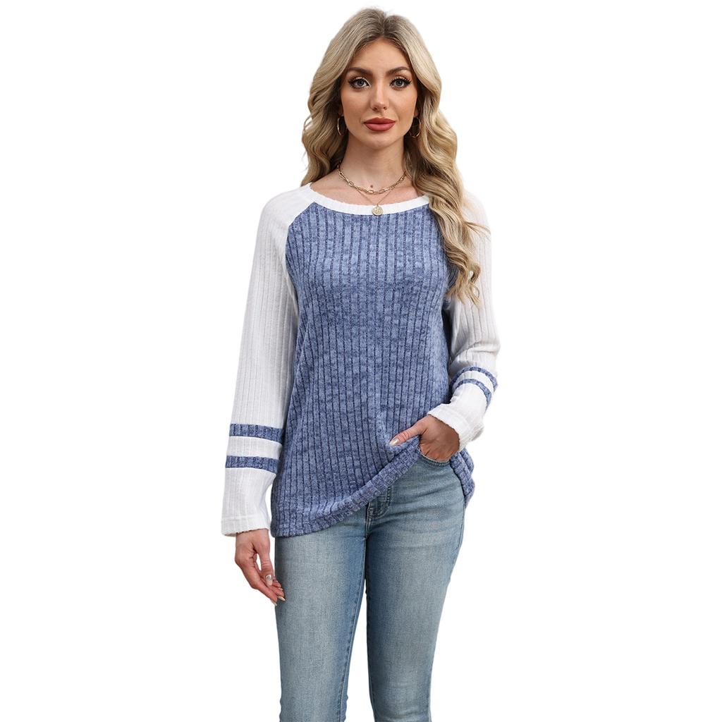 Новый осенне-зимний трикотажный топ с круглым вырезом и рукавами с открытыми плечами, с цветовыми блоками и пэчворком