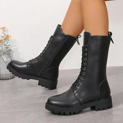 Lucyever панк шнуровка мотоциклетные ботинки женские осень зима боковая молния до середины голени женские ботинки из искусственной кожи на низком каблуке женские