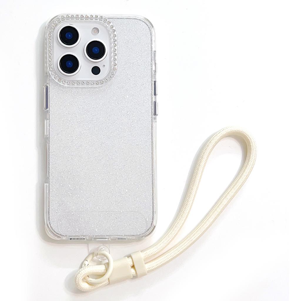 For iPhone 16 Pro Max Case Rhinestone Decor Glitter TPU Anti Drop Phone Cover with Adjustable Wrist Strap