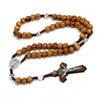Wood Beads Rosary Cross Necklace For Women Men Christian Virgin Mary INRI Pendant Chain Fashion Religion Jewelry