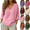 Женская свободная повседневная блузка-пуловер с V-образным вырезом из льняной хлопковой ткани с рукавами 3/4 для повседневной носки