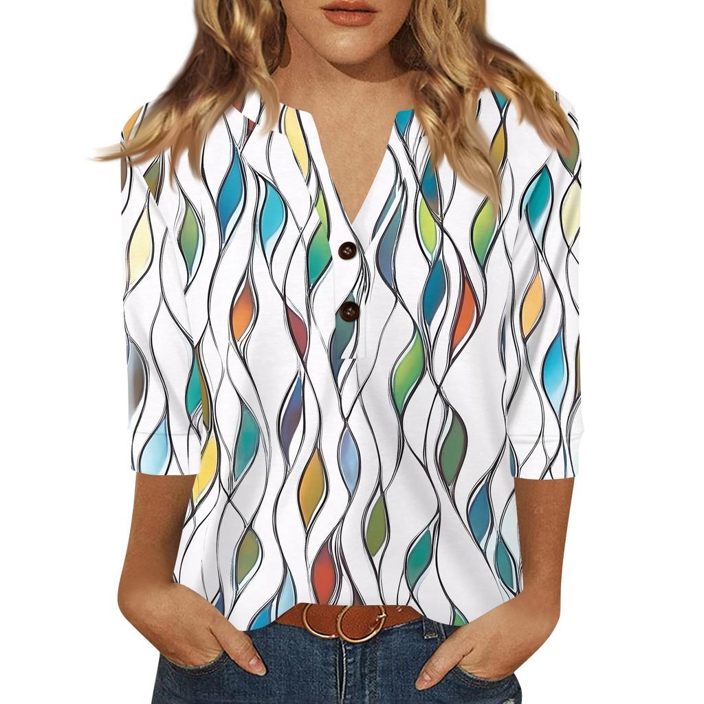 Жен. Футболка С принтом Пуговицы Рукав 3/4 Повседневные Выходные Мода Классический Классический V-образный вырез Обычный Верх